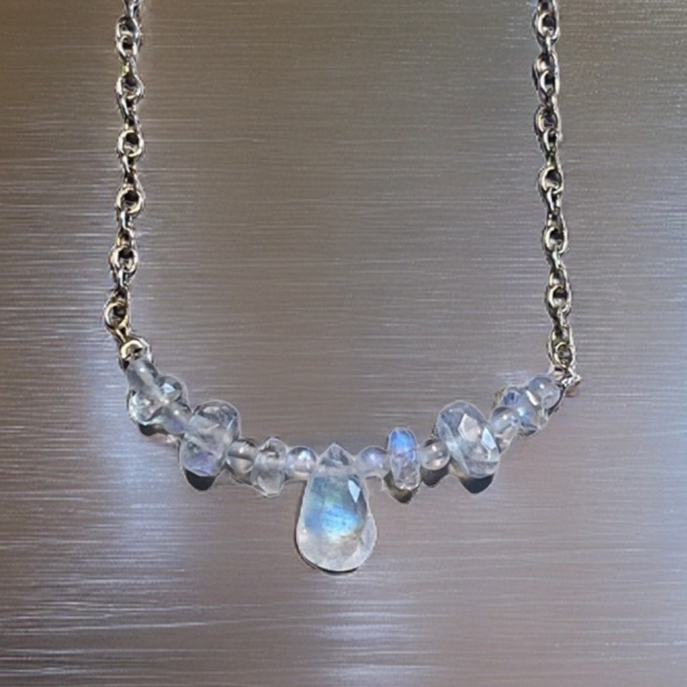 Genuine Rainbow Moonstone Necklace! 925 stamped silver rolo chain. - Picture 8 of 12